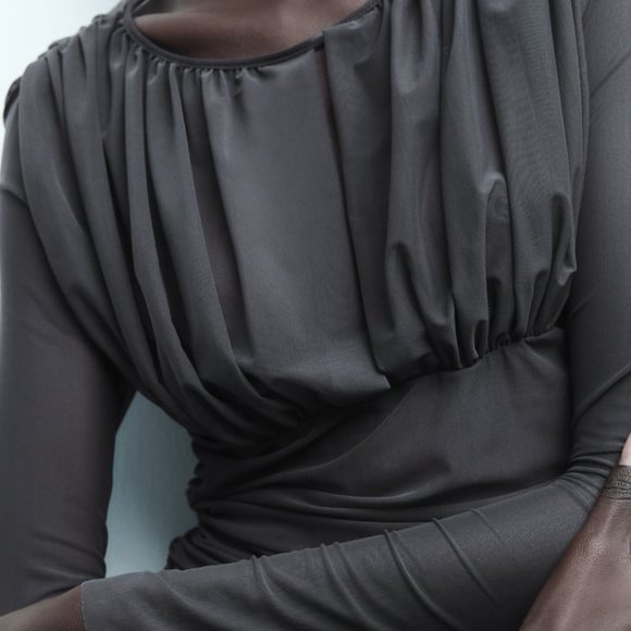 NWT DARK BLUE GRAY DRAPED SLIT TULLE TOP - Picture 6 of 9